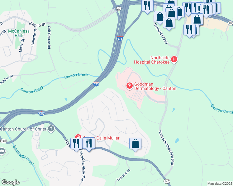 map of restaurants, bars, coffee shops, grocery stores, and more near 811 Overlook Trail in Canton