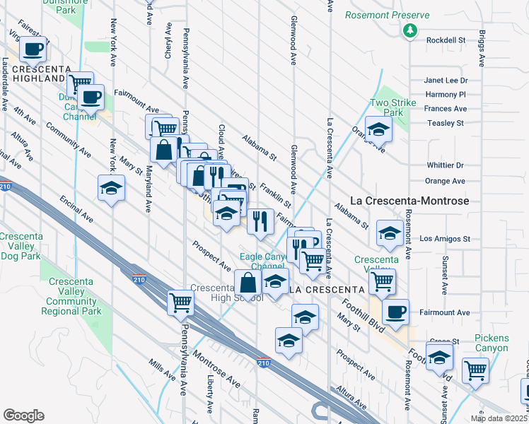 map of restaurants, bars, coffee shops, grocery stores, and more near 4530 Ramsdell Avenue in La Crescenta-Montrose