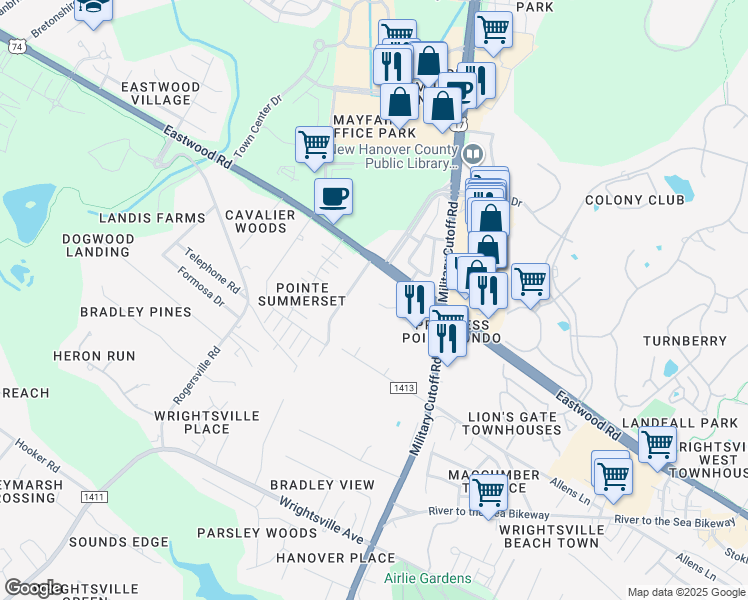 map of restaurants, bars, coffee shops, grocery stores, and more near 1620 Sturdivant Drive in Wilmington