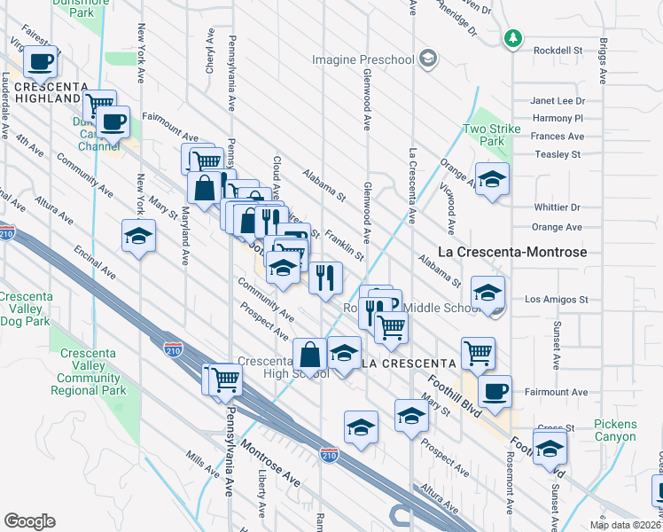 map of restaurants, bars, coffee shops, grocery stores, and more near 4530 Ramsdell Avenue in La Crescenta-Montrose