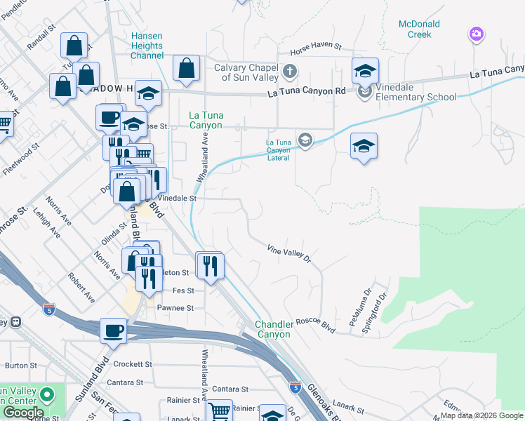 map of restaurants, bars, coffee shops, grocery stores, and more near Oland Avenue in Los Angeles