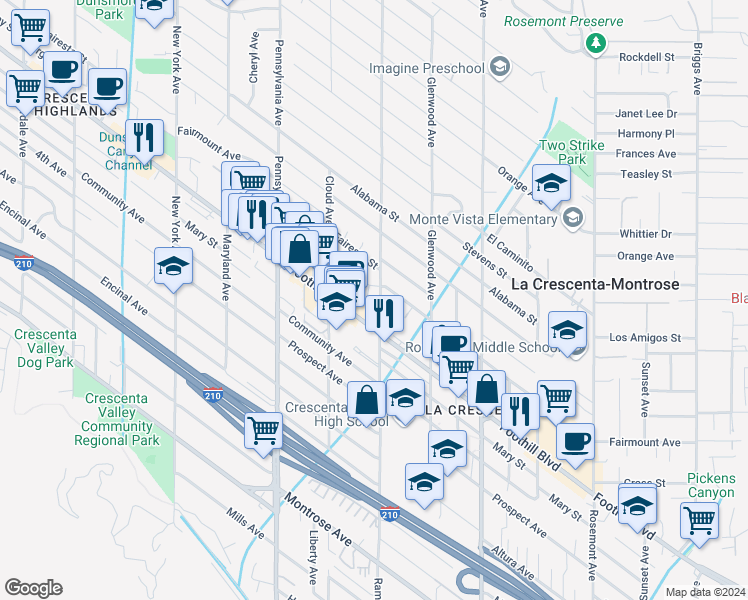 map of restaurants, bars, coffee shops, grocery stores, and more near 4531 Ramsdell Avenue in La Crescenta-Montrose