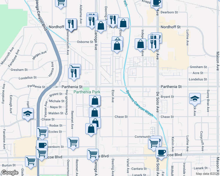 map of restaurants, bars, coffee shops, grocery stores, and more near 8801 Eton Avenue in Los Angeles