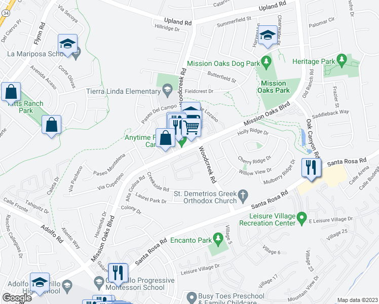 map of restaurants, bars, coffee shops, grocery stores, and more near 5297 Paseo Ricoso in Camarillo