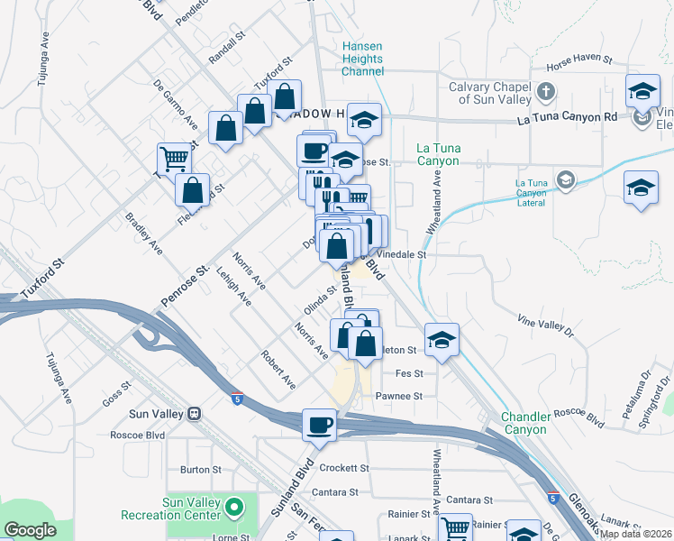 map of restaurants, bars, coffee shops, grocery stores, and more near 8715 Sunland Boulevard in Los Angeles