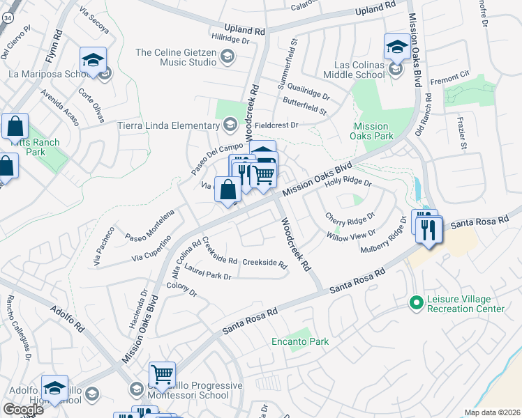 map of restaurants, bars, coffee shops, grocery stores, and more near 5297 Paseo Ricoso in Camarillo
