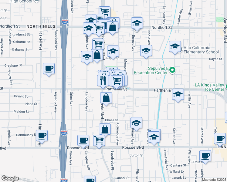 map of restaurants, bars, coffee shops, grocery stores, and more near 15307 Parthenia Street in Los Angeles