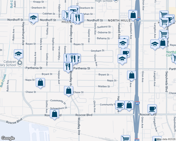 map of restaurants, bars, coffee shops, grocery stores, and more near 16040 Parthenia Street in Los Angeles
