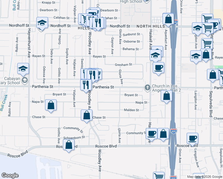 map of restaurants, bars, coffee shops, grocery stores, and more near 16037 Parthenia Street in Los Angeles
