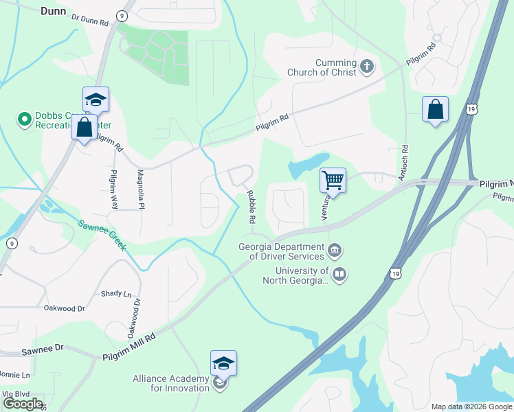 map of restaurants, bars, coffee shops, grocery stores, and more near 1244 Rubble Road in Cumming