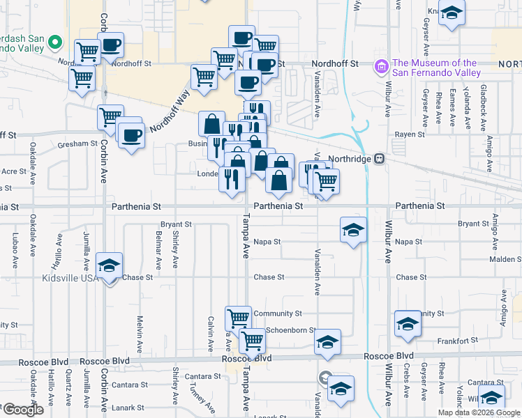 map of restaurants, bars, coffee shops, grocery stores, and more near 8700 Tampa Avenue in Los Angeles