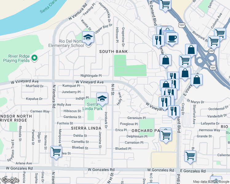 map of restaurants, bars, coffee shops, grocery stores, and more near 2328 North H Street in Oxnard