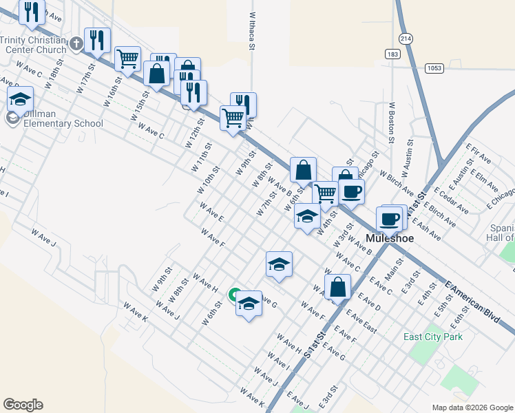 map of restaurants, bars, coffee shops, grocery stores, and more near 701-799 West Ave C in Muleshoe