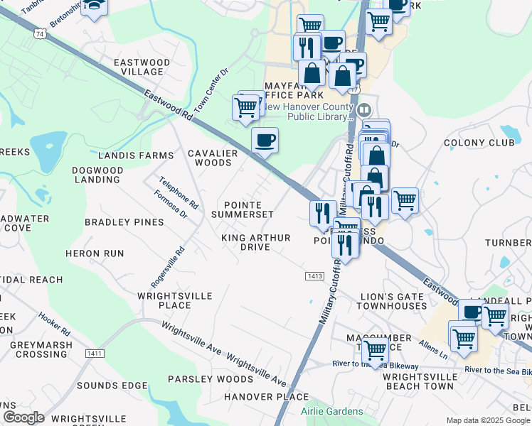 map of restaurants, bars, coffee shops, grocery stores, and more near 124 King Arthur Drive in Wilmington