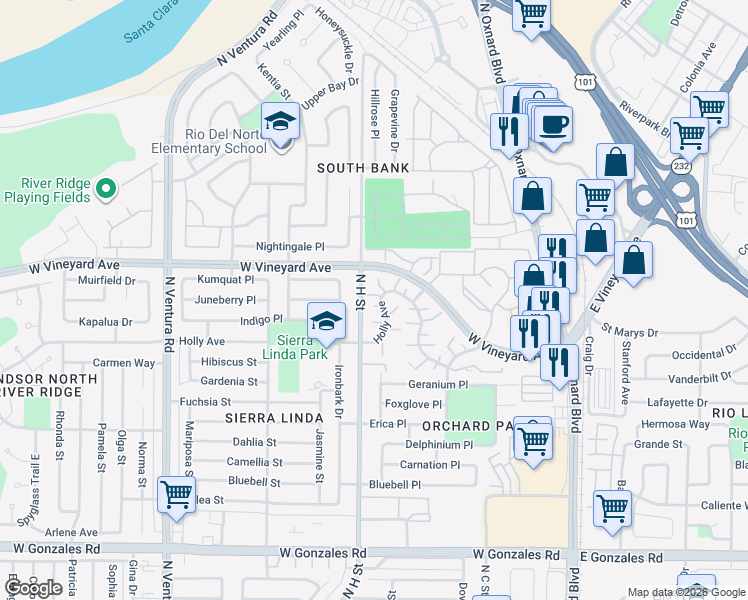 map of restaurants, bars, coffee shops, grocery stores, and more near 635 Holly Avenue in Oxnard