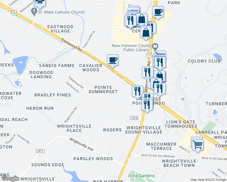 map of restaurants, bars, coffee shops, grocery stores, and more near 124 King Arthur Drive in Wilmington