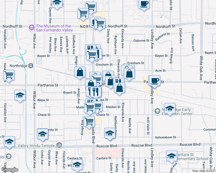 map of restaurants, bars, coffee shops, grocery stores, and more near 18331 Parthenia St in Northridge