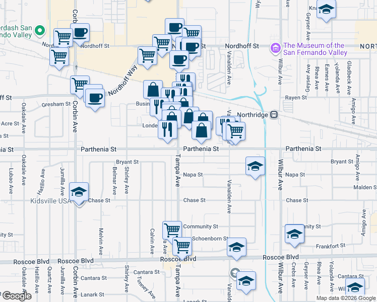 map of restaurants, bars, coffee shops, grocery stores, and more near 8700 Tampa Avenue in Los Angeles