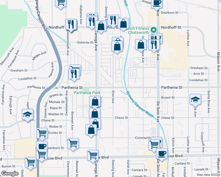 map of restaurants, bars, coffee shops, grocery stores, and more near 8801 Eton Avenue in Los Angeles