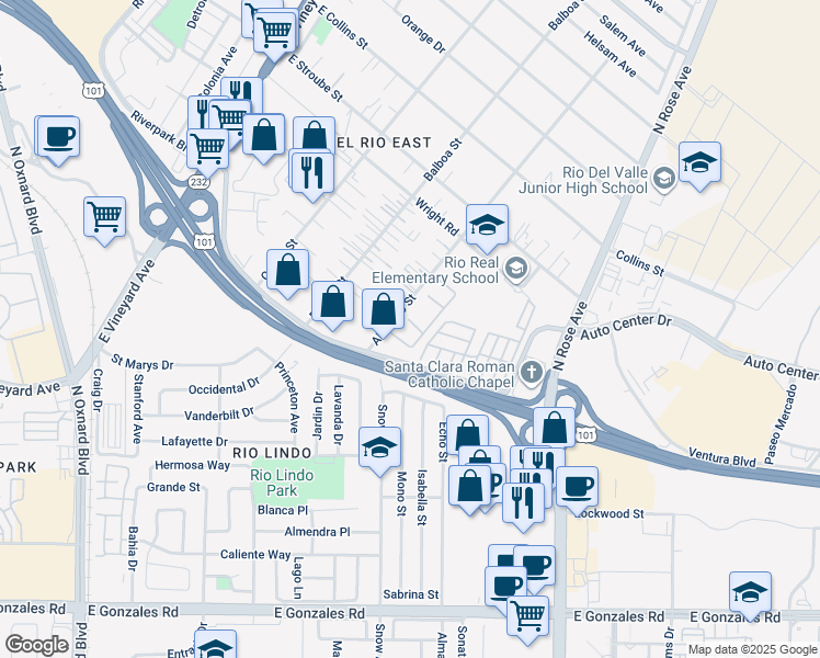 map of restaurants, bars, coffee shops, grocery stores, and more near 2509 Alvarado Street in Oxnard