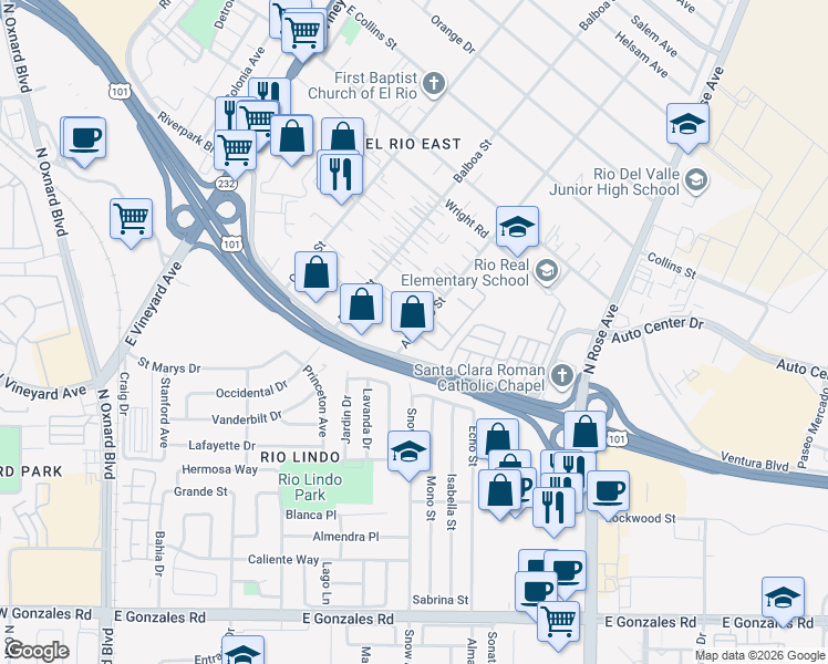 map of restaurants, bars, coffee shops, grocery stores, and more near 2509 Alvarado Street in Oxnard