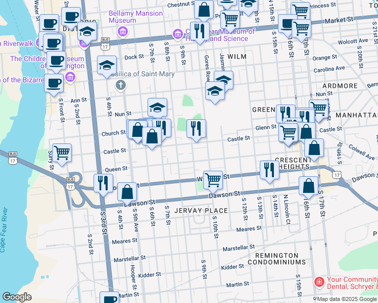 map of restaurants, bars, coffee shops, grocery stores, and more near 902 Castle Street in Wilmington