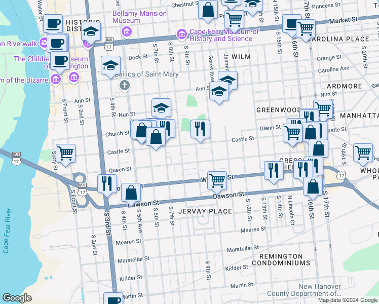 map of restaurants, bars, coffee shops, grocery stores, and more near 902 Castle Street in Wilmington