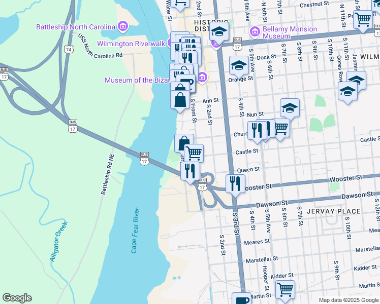 map of restaurants, bars, coffee shops, grocery stores, and more near 2 Church Street in Wilmington
