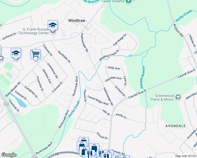 map of restaurants, bars, coffee shops, grocery stores, and more near 105 Wood Creek Drive in Greenwood