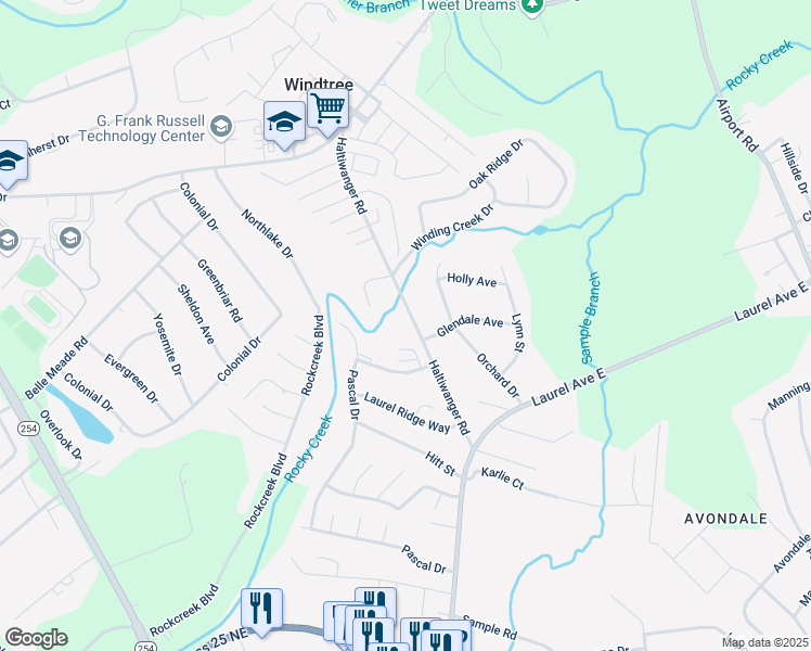 map of restaurants, bars, coffee shops, grocery stores, and more near 105 Wood Creek Drive in Greenwood