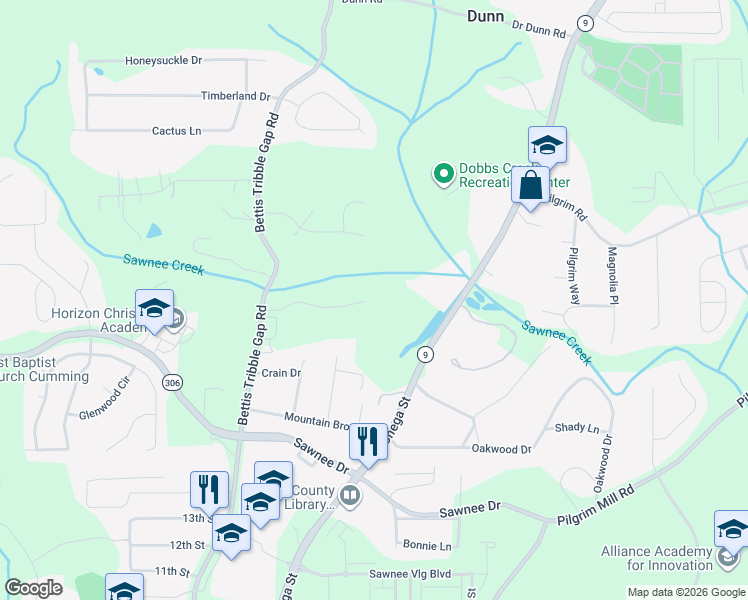 map of restaurants, bars, coffee shops, grocery stores, and more near 1625 Parkside Village Drive in Cumming