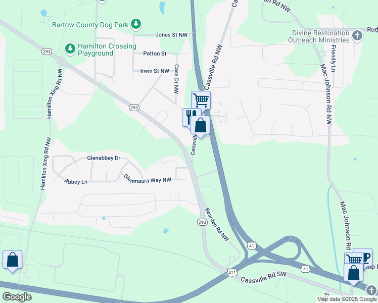 map of restaurants, bars, coffee shops, grocery stores, and more near 24 Georgia 293 in Cartersville
