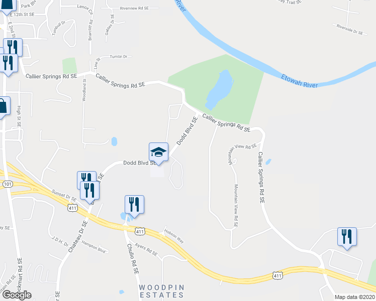 map of restaurants, bars, coffee shops, grocery stores, and more near 93 Dodd Boulevard Southeast in Rome