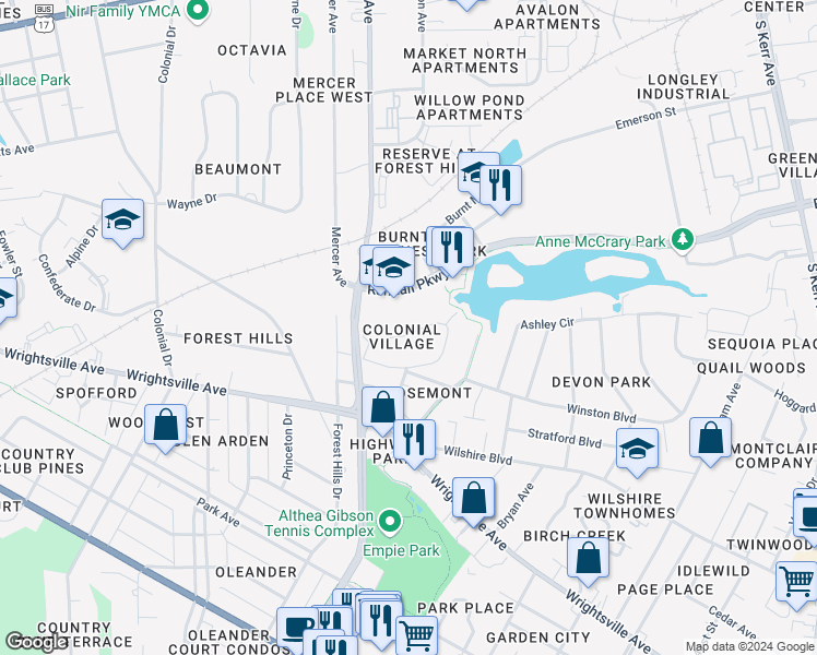 map of restaurants, bars, coffee shops, grocery stores, and more near 3260 Camden Circle in Wilmington