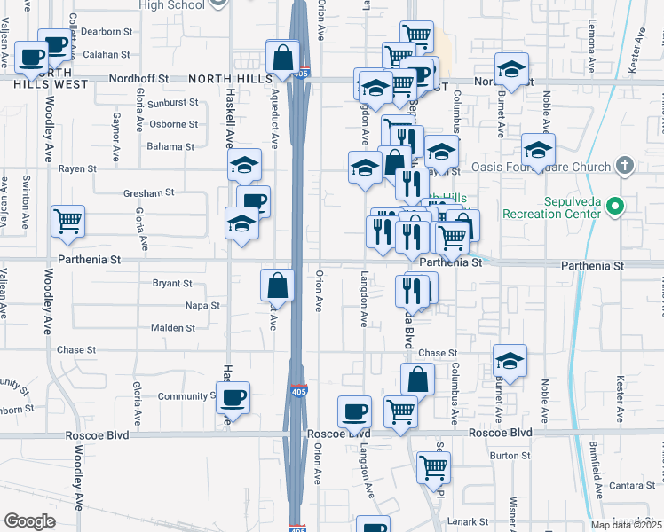 map of restaurants, bars, coffee shops, grocery stores, and more near 15554 Parthenia Street in Los Angeles