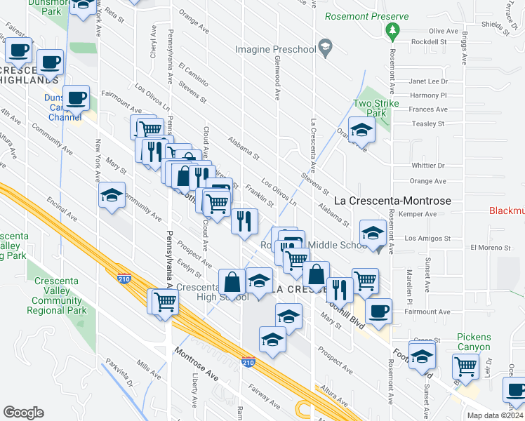 map of restaurants, bars, coffee shops, grocery stores, and more near 2931 Fairmount Avenue in La Crescenta-Montrose
