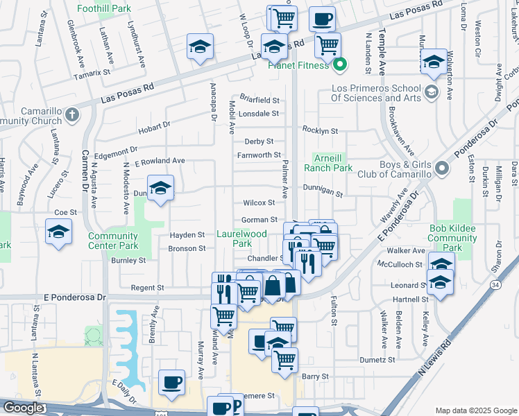map of restaurants, bars, coffee shops, grocery stores, and more near 2174 Wilcox Street in Camarillo