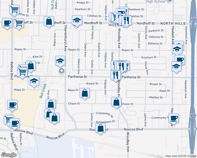 map of restaurants, bars, coffee shops, grocery stores, and more near 16328 Parthenia Street in Los Angeles