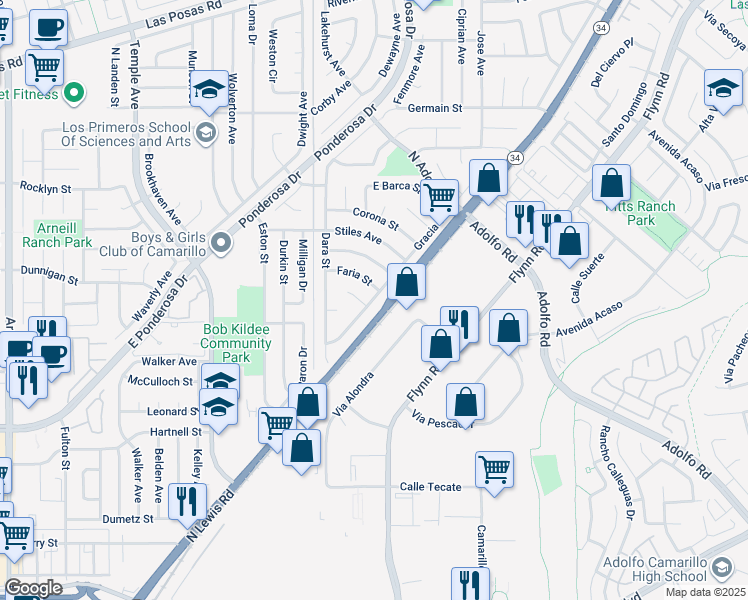 map of restaurants, bars, coffee shops, grocery stores, and more near 3550 Faria Street in Camarillo