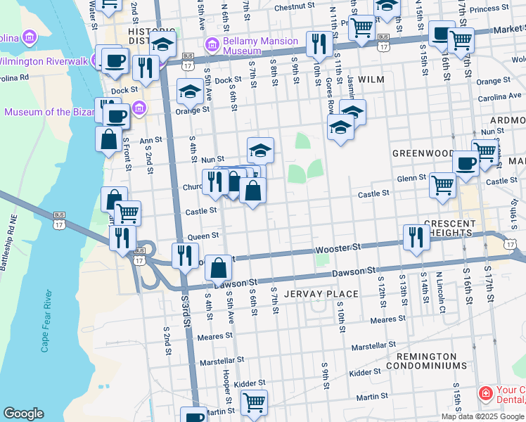 map of restaurants, bars, coffee shops, grocery stores, and more near 606 South 7th Street in Wilmington