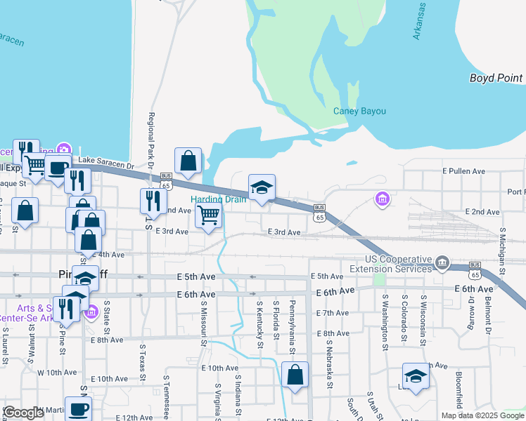 map of restaurants, bars, coffee shops, grocery stores, and more near 1021 East 2nd Avenue in Pine Bluff
