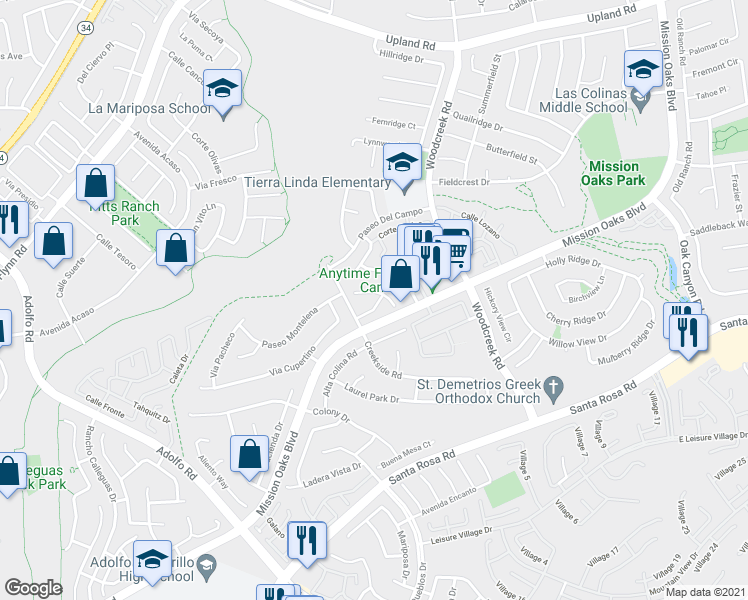 map of restaurants, bars, coffee shops, grocery stores, and more near 5201 Prairieview Street in Camarillo