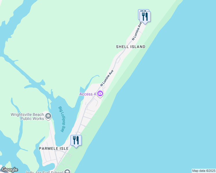 map of restaurants, bars, coffee shops, grocery stores, and more near 2400 North Lumina Avenue in Wrightsville Beach