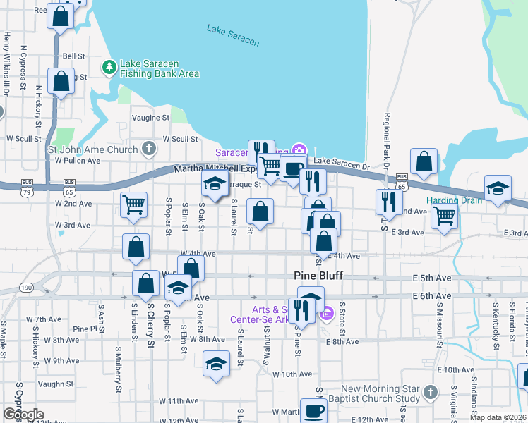 map of restaurants, bars, coffee shops, grocery stores, and more near 405 West 2nd Avenue in Pine Bluff