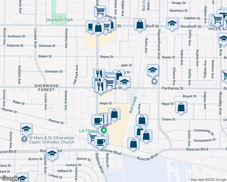 map of restaurants, bars, coffee shops, grocery stores, and more near 16900 Parthenia Street in Los Angeles