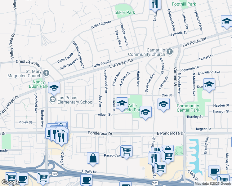 map of restaurants, bars, coffee shops, grocery stores, and more near 1086 Nordman Drive in Camarillo