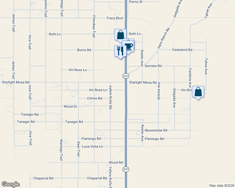 map of restaurants, bars, coffee shops, grocery stores, and more near 56045 Vin Rose Lane in Yucca Valley