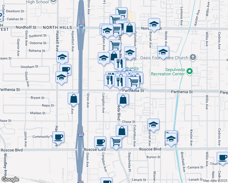 map of restaurants, bars, coffee shops, grocery stores, and more near 15420 Parthenia Street in Los Angeles