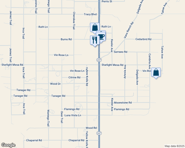 map of restaurants, bars, coffee shops, grocery stores, and more near 56045 Vin Rose Lane in Yucca Valley