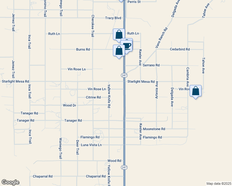 map of restaurants, bars, coffee shops, grocery stores, and more near 56045 Vin Rose Lane in Yucca Valley